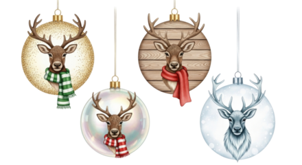 Four oval shaped christmas ornaments featuring detailed stag heads with festive scarves isolated on transparent background