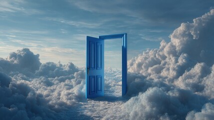 Open blue door in cloudy sky. Concept of new opportunity, freedom, or escape. Heavenly gate or surreal dreamscape. Sweet dreams, White fluffy clouds. Heaven.