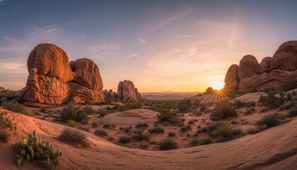 Majestic Sunset Over Desert Landscape with Unique Rock Formations and Cacti in Arches National Park
