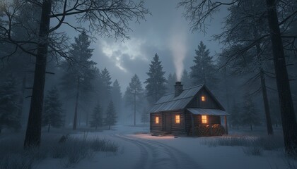 Cozy wooden cabin in a snowy landscape surrounded by tall evergreen trees at twilight with a smoking chimney