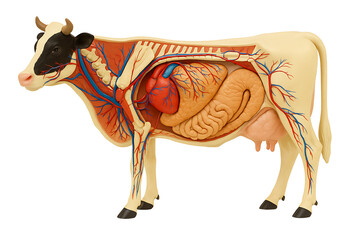Veterinary science model of cow body structure with visible digestive system and lungs