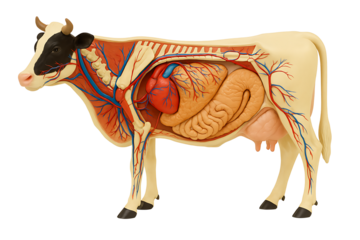 Veterinary science model of cow body structure with visible digestive system and lungs