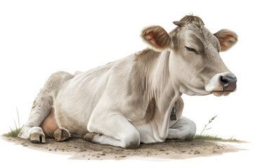 Cow resting on the ground with a calm expression. Farm animal isolated on transparent background.
