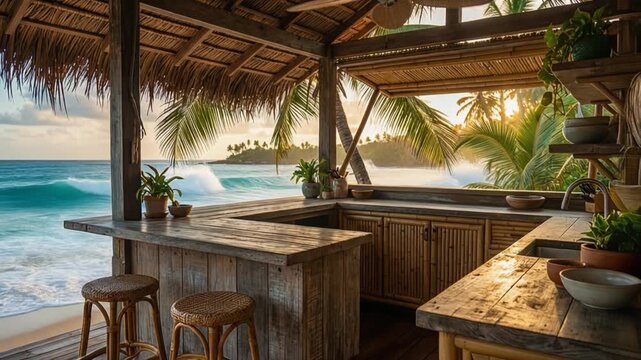 Tropical Beach Bungalow Woven Rattan Stools and Bamboo Bar Overlooking Sunset Ocean