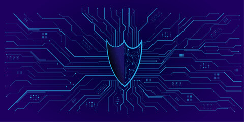 Cyber security concept. Digital shield icon glowing on circuit board background.