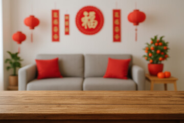 wooden top table with blurry background living room chinese new year decoration