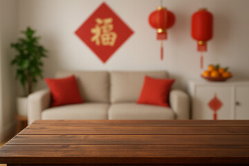 wooden top table with blurry background living room chinese new year decoration