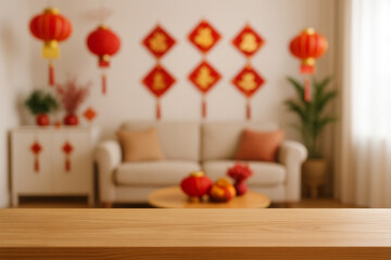 wooden top table with blurry background living room chinese new year decoration