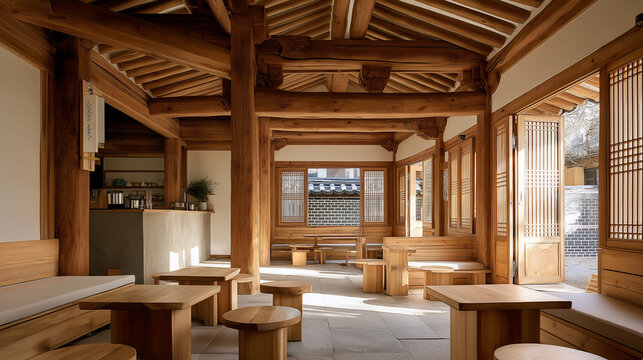 traditional korean hanok interior space, wooden hanok cafe interior design, serene asian wooden architecture
