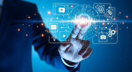 A vector graphic representation of a hand interacting with digital icons in a futuristic interface viewed from a slight angle