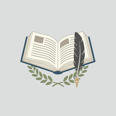 Open Book with Quill Pen and Laurel Wreath Illustration for Literature and Writing.