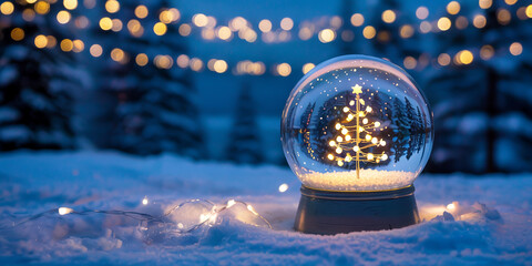 Snow Globe Winter Wonder: A magical snow globe reveals a miniature Christmas tree nestled in a snowy landscape, illuminated by a string of twinkling lights. Evokes feelings of warmth, wonder.