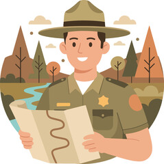 Park Ranger with Map in Natural Setting Illustration.