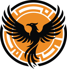 Phoenix emblem with spread wings against a labyrinthine circle symbolizing rebirth and resilience.
