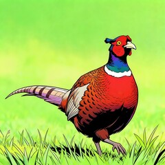 male common pheasant walking green meadow with short grass spring illustration