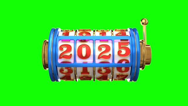 Slot machine showing 2026 with casino elements on a green background, Happy New Year 2026 concept