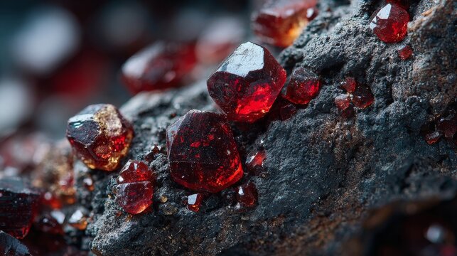 Macro shot of deep red garnet crystals with sharp geometric faces embedded in dark rocky matrix, showcasing natural mineral texture
