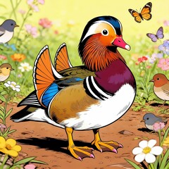 mandarin duck brown ground spring birds animals wildlife illustration