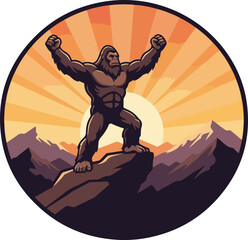Powerful Gorilla Standing Victorious on Mountain Peak with Arms Raised.