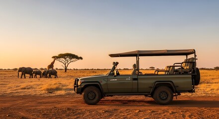 Obraz premium African safari jeep with majestic animals in the background at golden hour, representing an authentic adventure travel concept