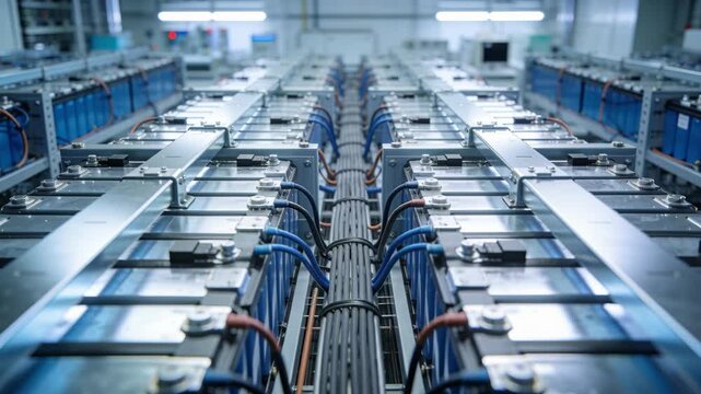 An industrial battery storage energy lithium power grid renewable energy rack infrastructure technology data center warehouse electricity backup module cool blue cable clean facility modern efficie