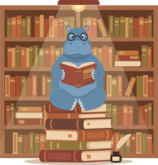 Hippos Literary Pursuit A Cartoon Hippo Reading on a Book Stack.