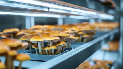 Mushroom cultivation process indoor farm agricultural photography controlled environment close-up sustainable farming techniques