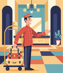 Hotel Bellhop Assisting with Luggage in Elegant Lobby.