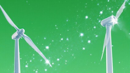 Wind turbines generating clean energy against a vibrant green backdrop.