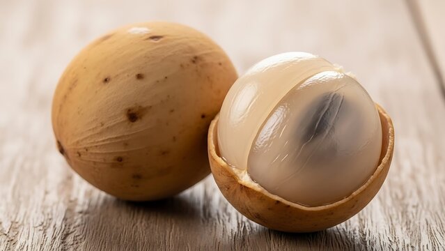 Fresh longkong fruits, one whole and one peeled, showcasing translucent sweet flesh and dark seeds. A delightful tropical fruit close-up on a rustic wooden surface