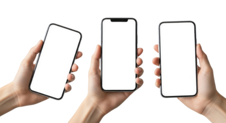 Three hands holding smartphones with blank screens in a row isolated on transparent background