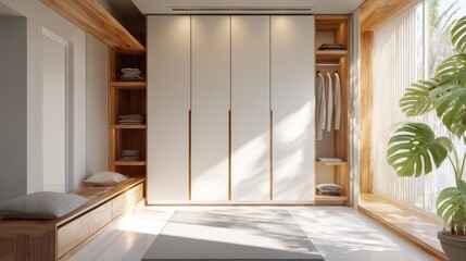 Modern Minimalist Interior With Large Built In Wooden Wardrobe Storage Cabinets Window Seat Cushions Natural Light And Decorative Plant In Contemporary Home Design