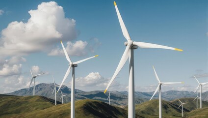 Wind turbines generating clean energy on a sunny hillside landscape.