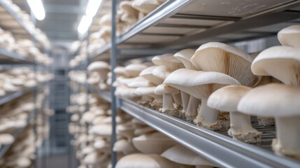 Mushroom cultivation process in indoor farm agriculture environment close-up view for sustainable food production