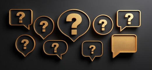 A dark background displays question mark symbols inside golden speech bubbles in various sizes and shapes, creating a pattern