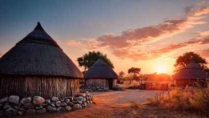  African village traditional huts, at the sunset