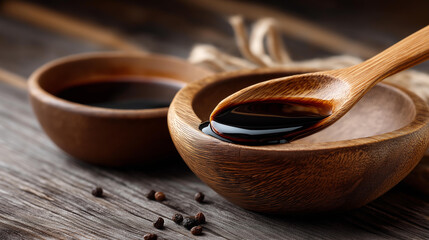 Closeup of wooden spoon with soy sauce in wooden bowl on wooden table with space for text or lettering, rustic culinary presentation, natural tableware display, with copy space