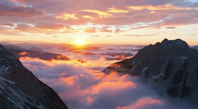 Breathtaking aerial drone shot flying slowly over misty mountain peaks at golden hour sunrise, volumetric fog rolling through valleys, epic cinematic scale, smooth forward dolly movement, pristine unt