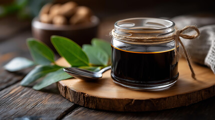 Soy sauce fermented sauce made from soybeans and wheat, known for salty flavor, commonly used in marinades stir-fries and as sushi dip, Asian condiment description, with copy space