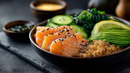 Salmon poke bowl with sesame crust, Hawaiian-Asian fusion dish, raw fish rice bowl, sesame-crusted seafood, healthy grain bowl, tropical cuisine presentation, with copy space