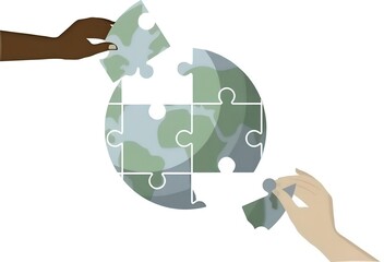 green a jigsaw puzzle the earth with hand