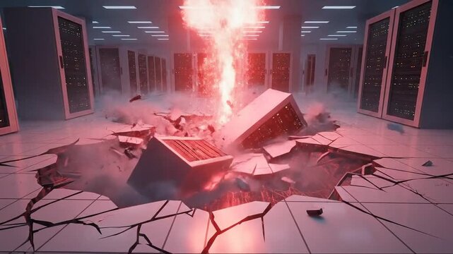 Server Room Catastrophe: Racks toppling, floor cracking, red energy vortex erupting.