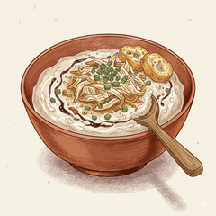 A vector illustration of Indonesian chicken porridge (bubur ayam) served warm with classic toppings.