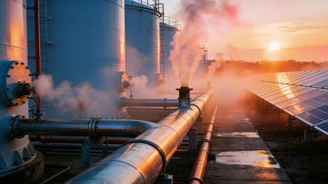 A solar panel steam pipeline sunrise industrial renewable energy power plant, sustainable infrastructure with metal technology, clean power scene where vapor reflect morning light acros industry pl