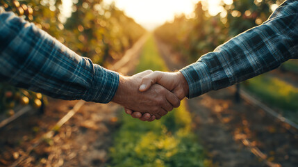 Two farmers shaking hands in a vineyard during sunset, symbolizing partnership, trust, and collaboration.