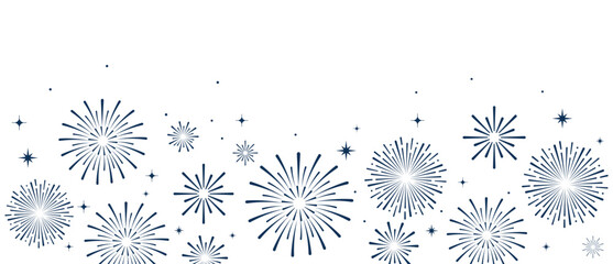 Elegant blue fireworks burst and sparkling stars on clean white background, festive celebration illustration for New Year, holiday party, greeting card, luxury event design, minimalist style vector.
