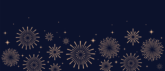 Elegant gold fireworks burst and sparkling stars on clean blue background, festive celebration illustration for New Year, holiday party, greeting card, luxury event design, minimalist style vector. © bibin