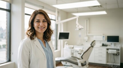 Obraz premium Dentist stands in a modern clinic smiling as she prepares for the next patient visit in a bright office space