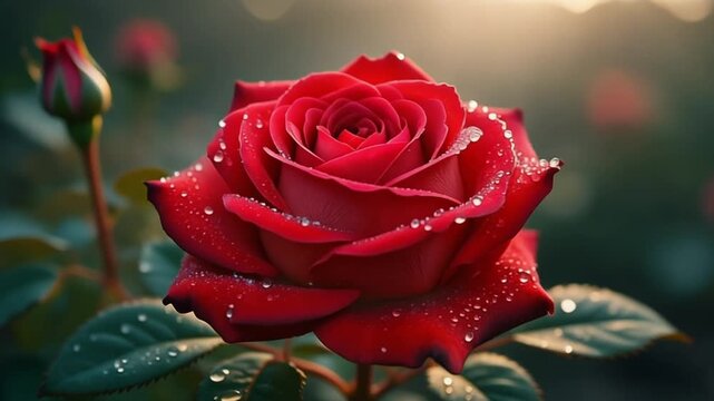 Vibrant red rose blooming with delicate dew drops glistening in the gentle morning light, symbolizing freshness, beauty, and the promise of a new day