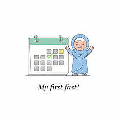 A Ramadan calendar for the first day, featuring a happy child who has completed their first fasting day